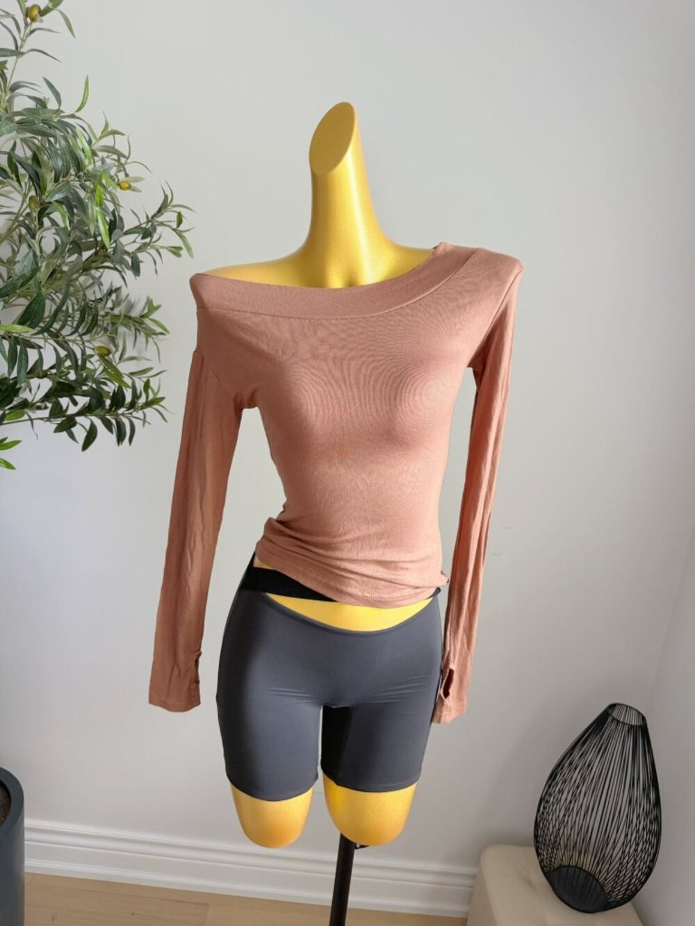 Light Brown Off Shoulder Fitted Long Sleeve Top Size S